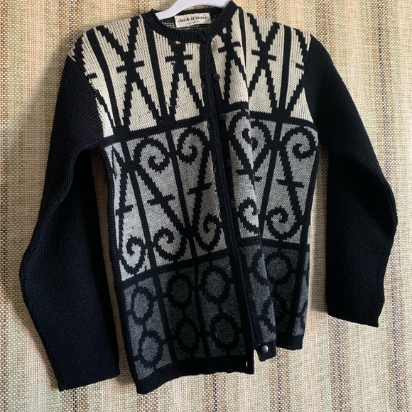 Jack Winter Wool Sweater Vintage Hand Knitted Cardigan Buttons Black Medium - Picture 1 of 3